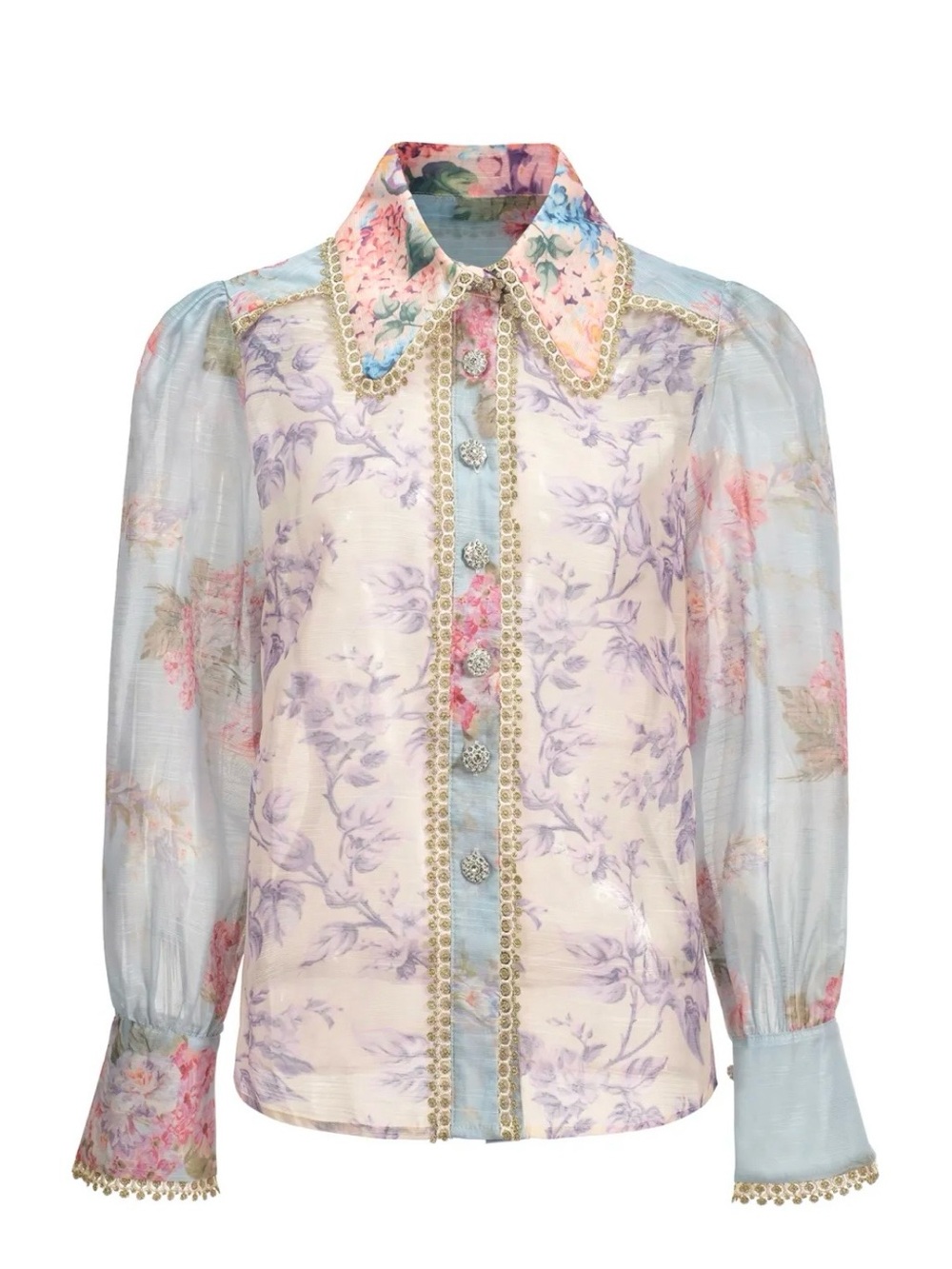 Bella Barnett Floral Lace-Trim Puff Sleeve Shirt - Pastel Multi